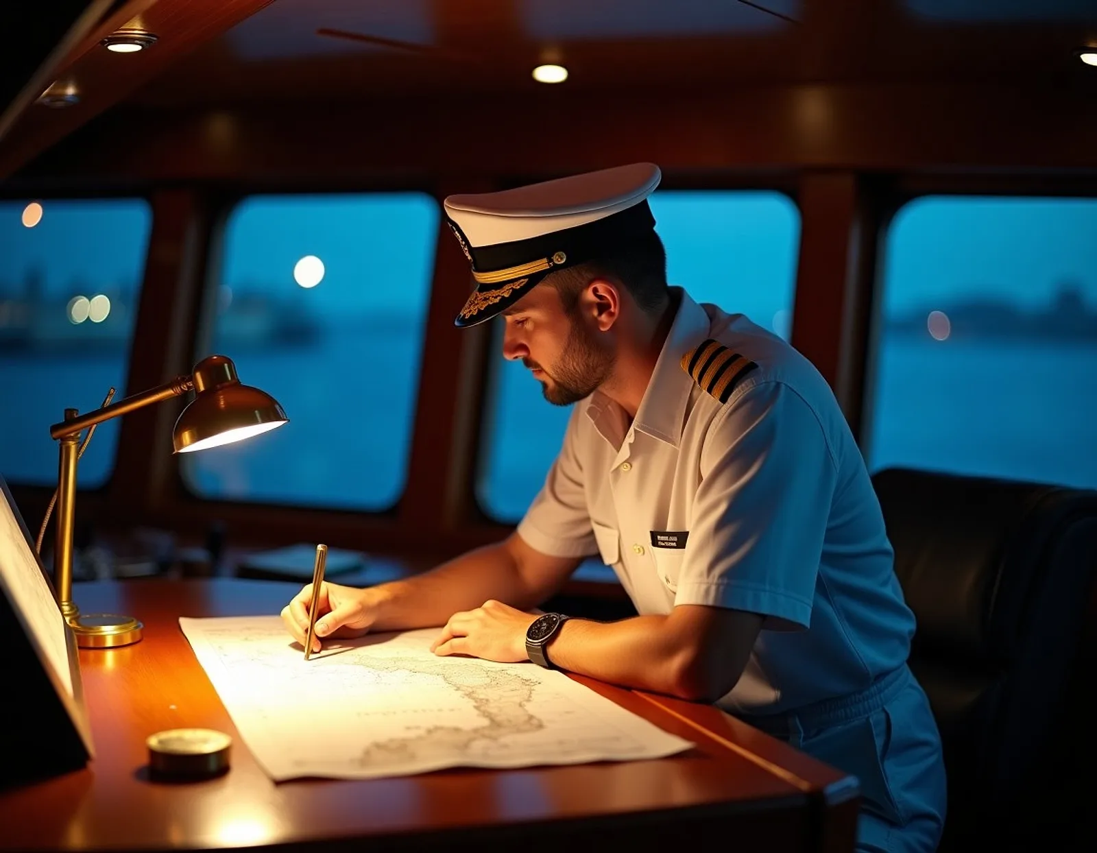 Navigating officer in a white uniform marking a paper nautical chart under a warm lamp on a ship bridge at night