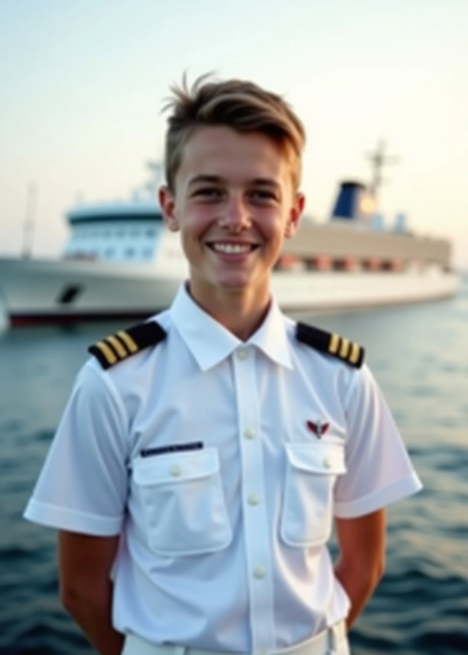 Smiling young merchant navy cadet in a white uniform with epaulettes on a ship deck