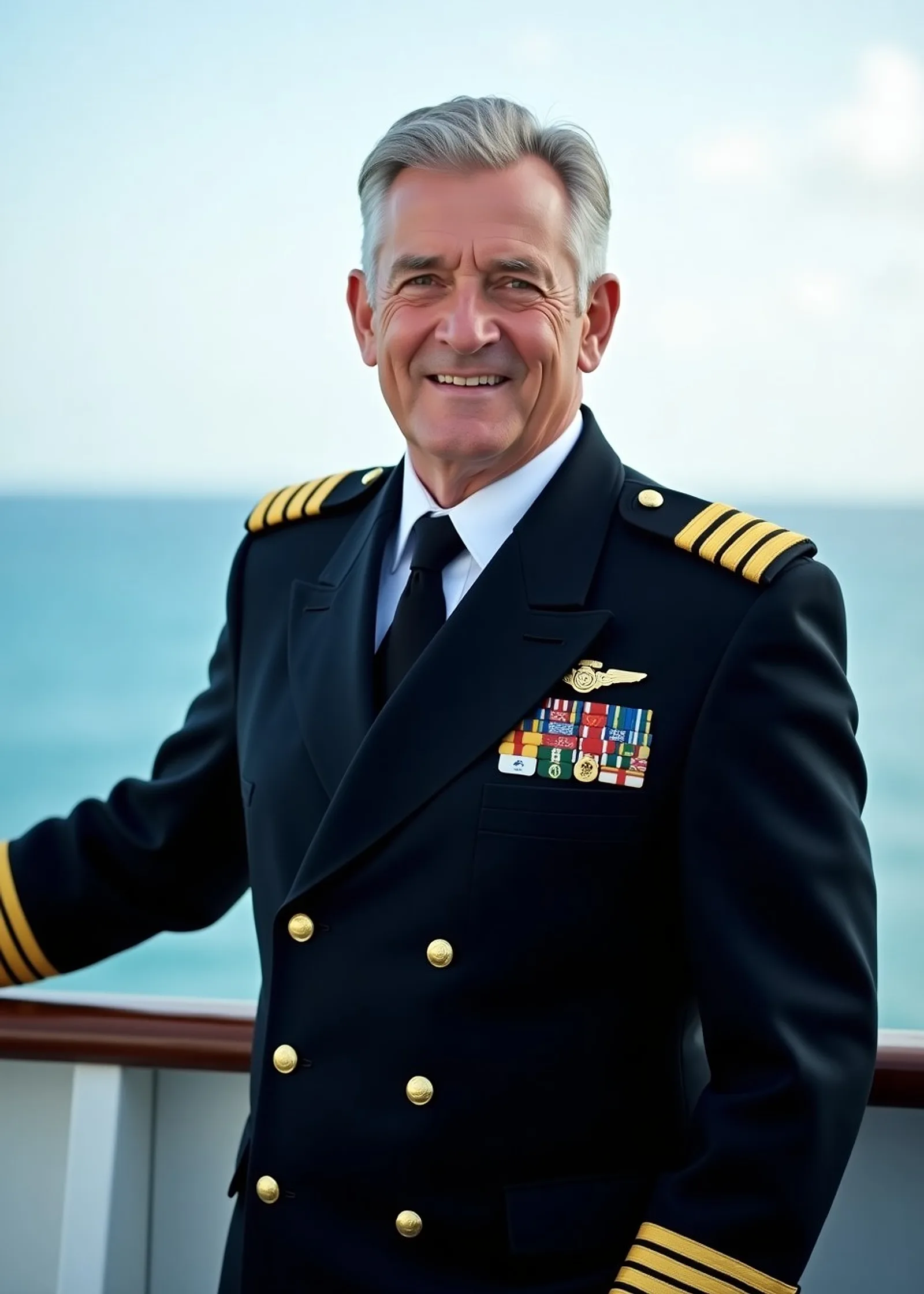 Experienced ship captain in a navy uniform with four gold stripes standing on a bridge wing