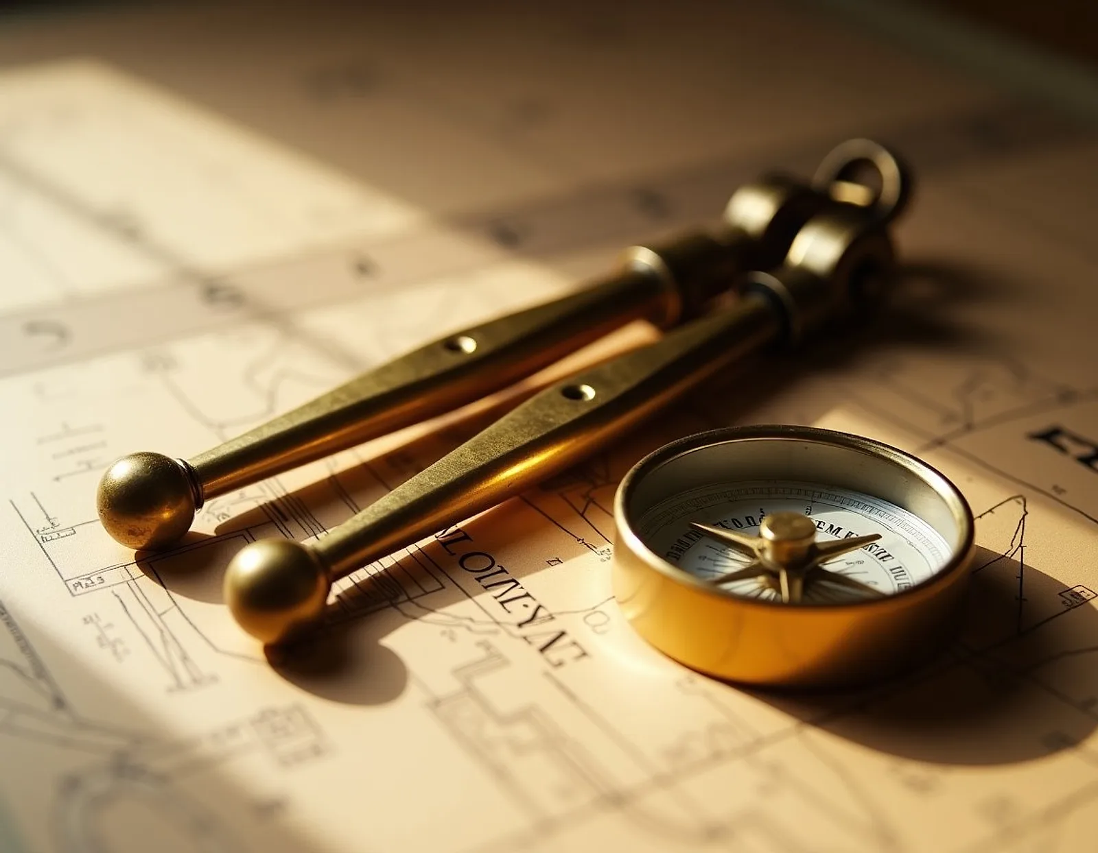 Brass navigation dividers and a compass resting on a paper nautical chart