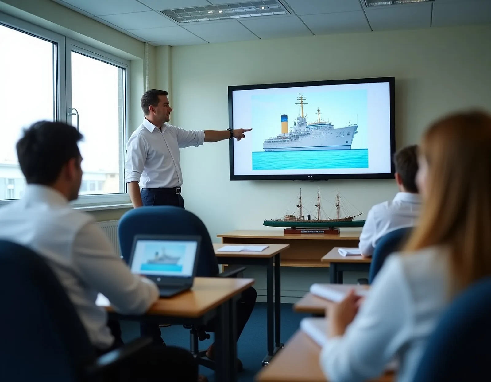 Instructor pointing at a ship diagram on a screen while trainees take notes in a maritime classroom