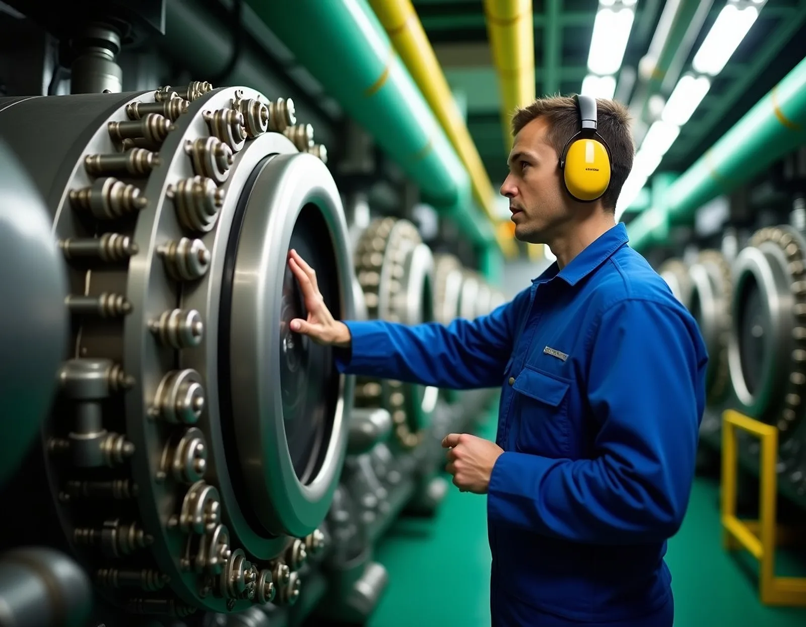 Marine engineer in a blue boiler suit and ear defenders checking a large engine in a bright engine room