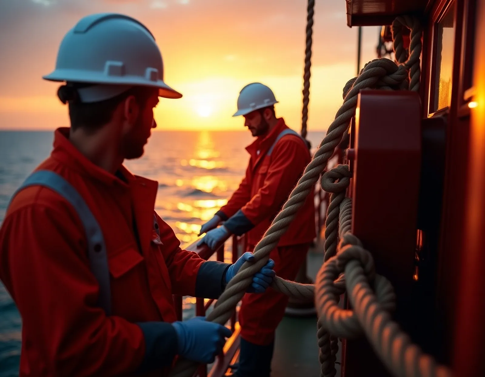 Deck crew in hard hats handling thick mooring ropes on a ship at sunset
