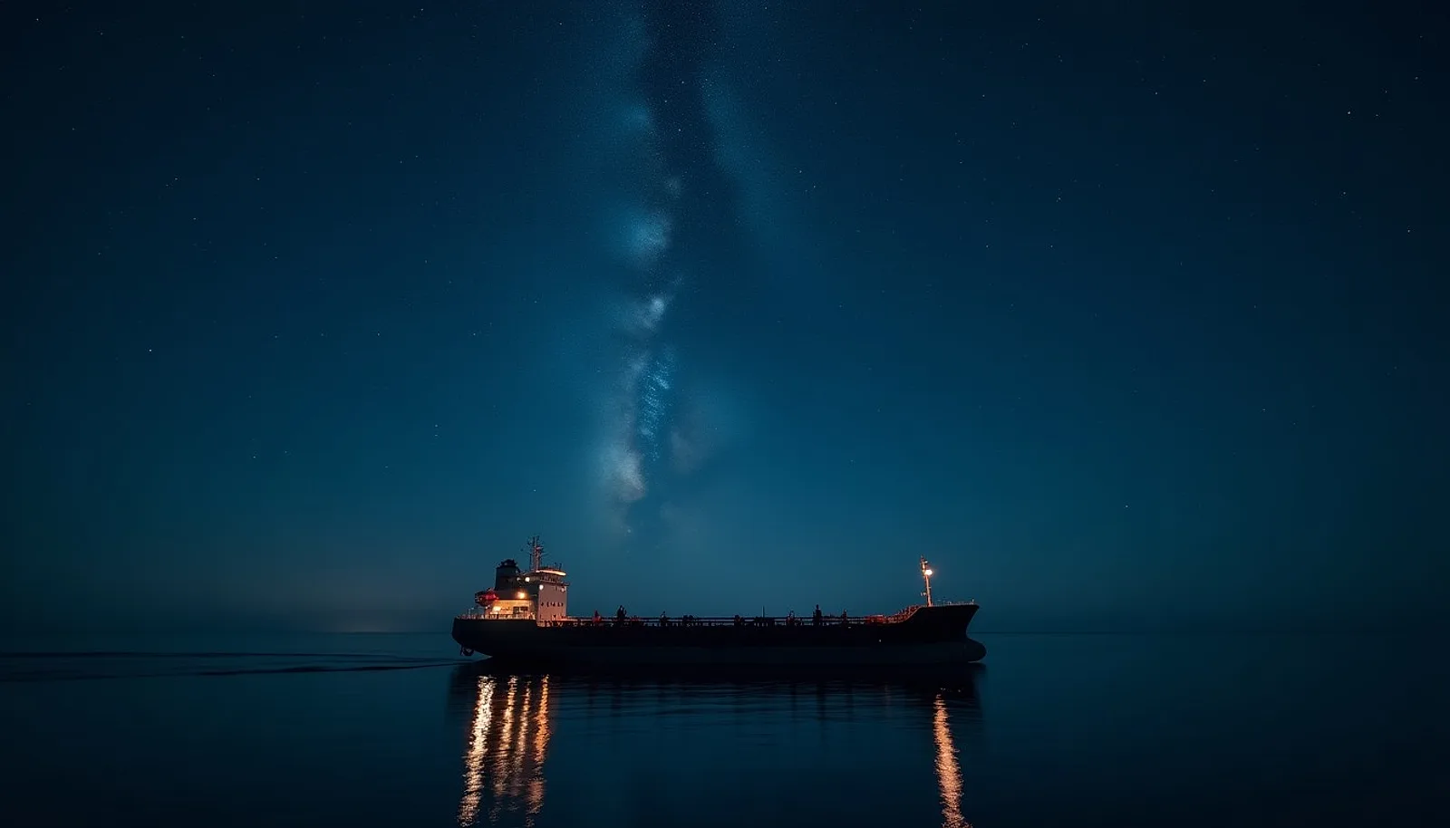 Cargo ship silhouetted at sea beneath a night sky full of stars and the Milky Way