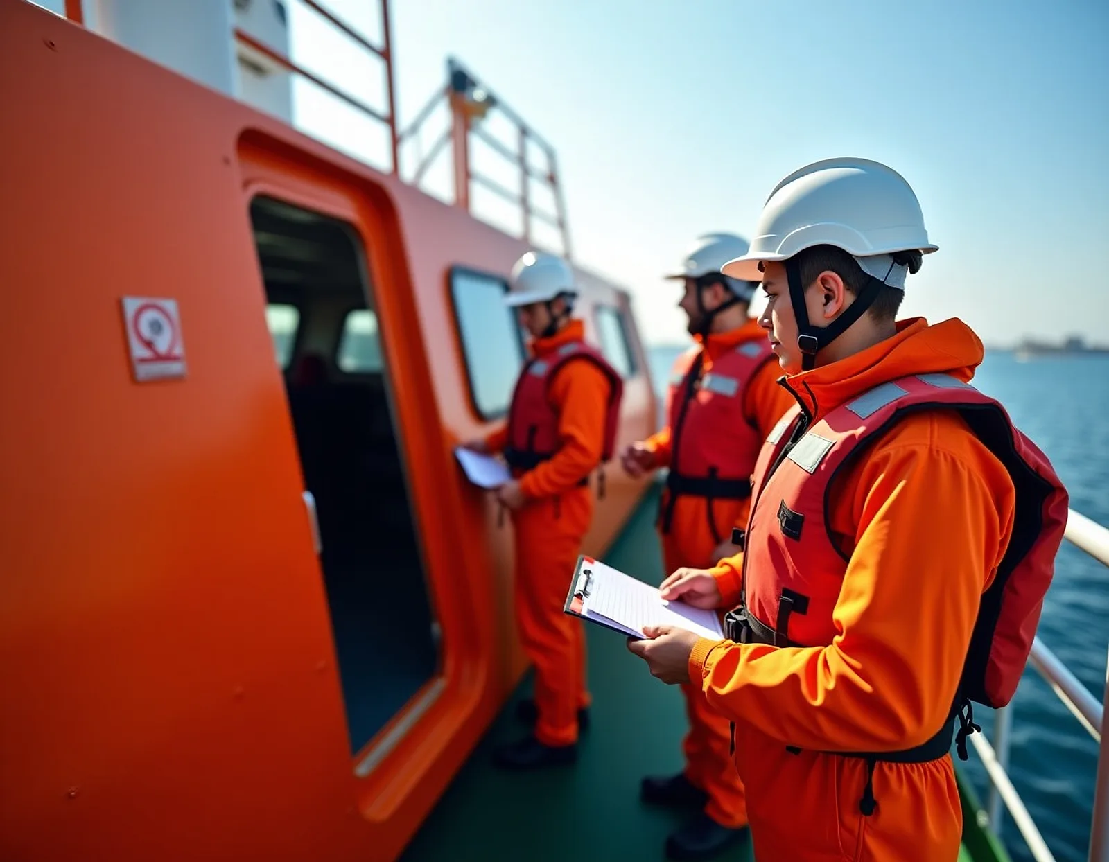 Crew in orange coveralls and helmets beside an orange lifeboat during a safety drill
